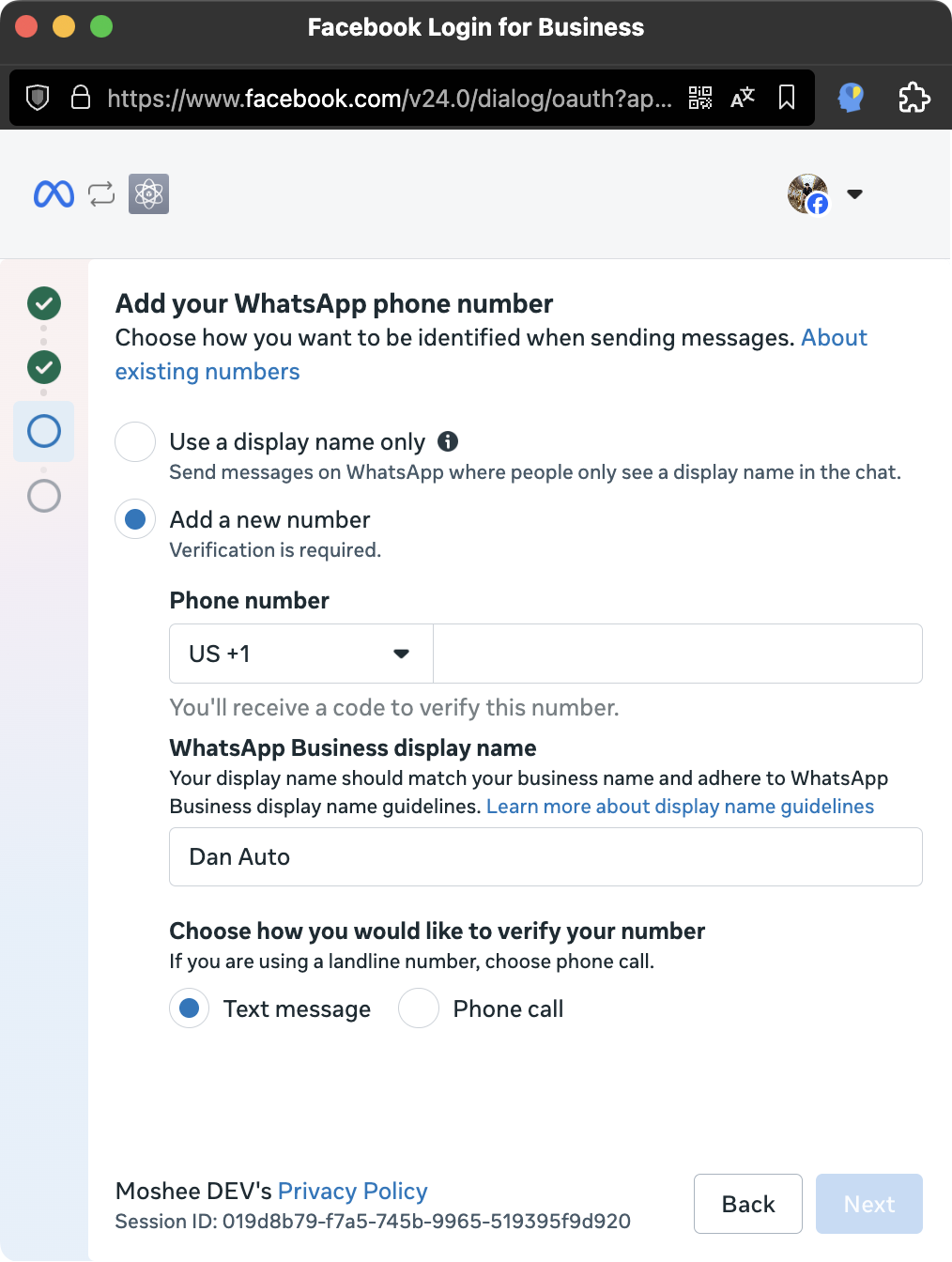 Add a new WhatsApp number screen